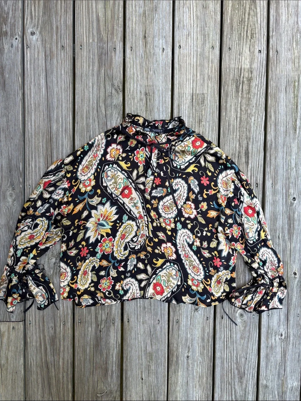 ZARA | Black Boho Chic Paisley Floral Tie Neck Ruffle Romantic Goth Blouse | S